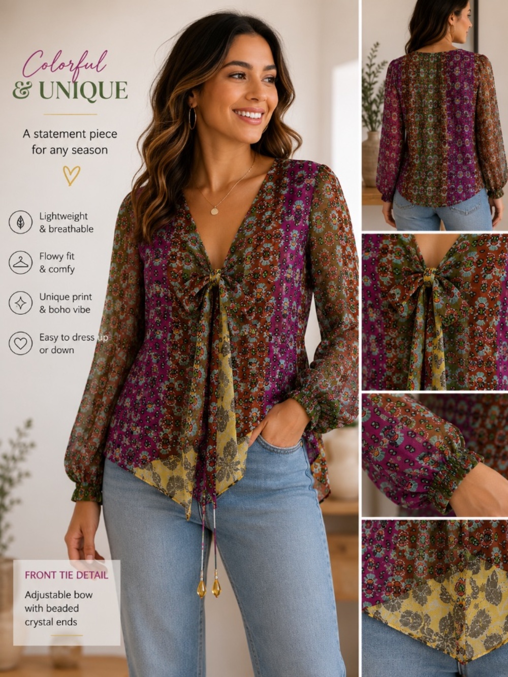 Zara Boho Patchwork Tie Front Sheer Blouse Size Medium